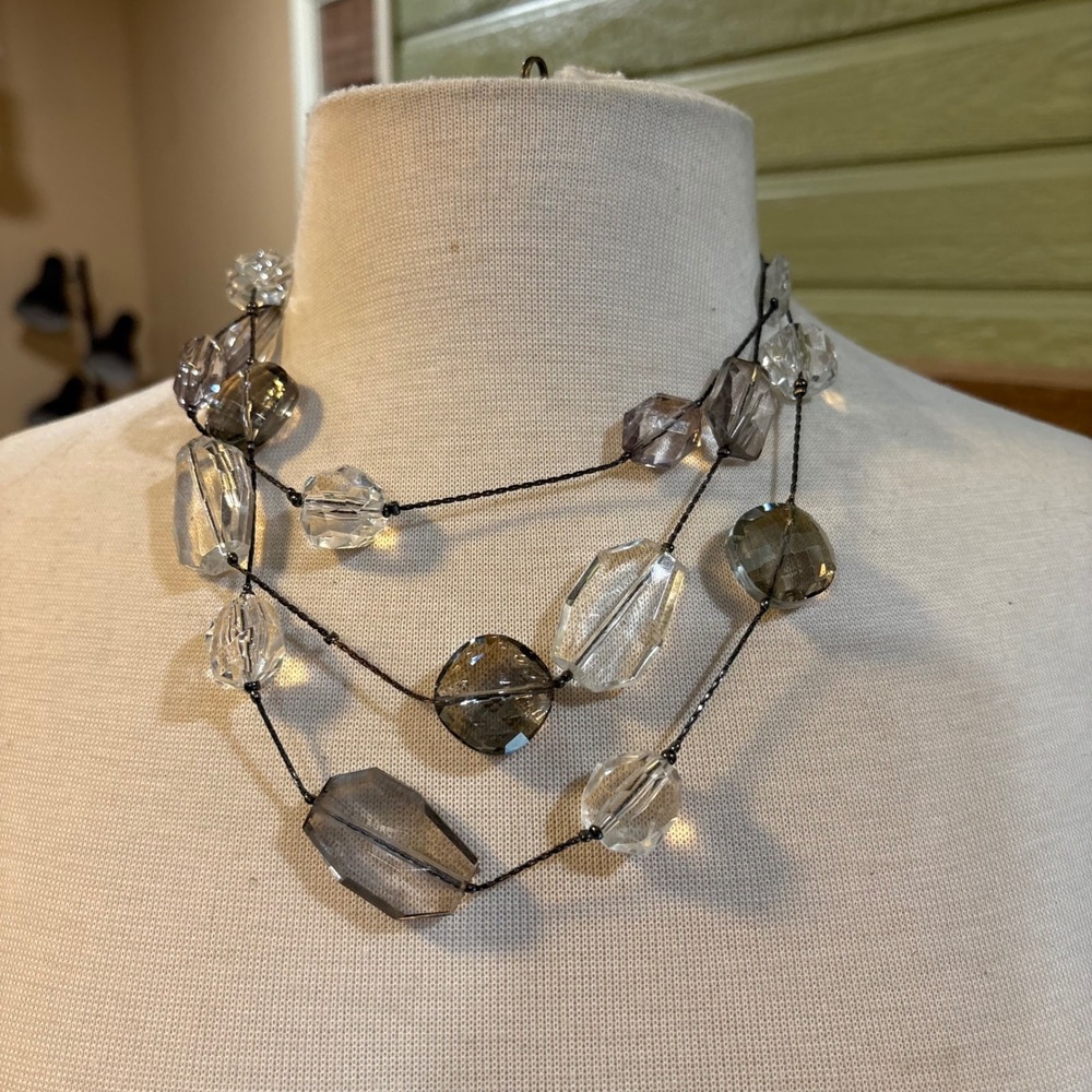 Chico's Smoky Grey Clear Faceted Bead Multi-Strand Layered Necklace J911